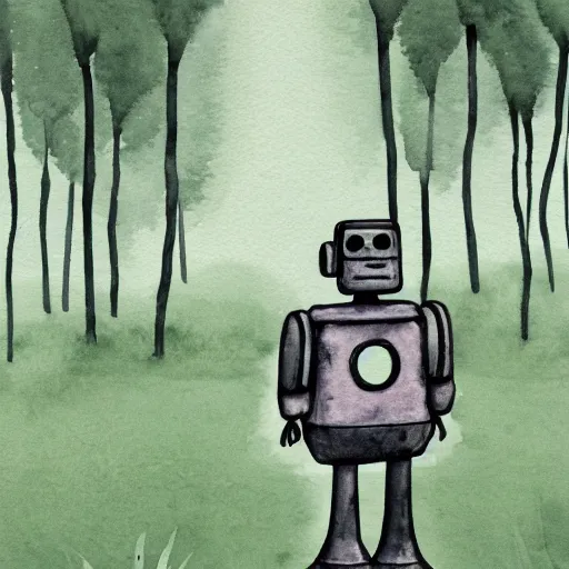 Image similar to a small lonely robot in the field, illustration, robot, trees, deforestation , Nice colour scheme, soft warm colour. Studio Gibli. Beautiful detailed watercolor by Lurid. (2022)