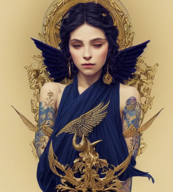 Image similar to god of death, in the underworld, elegant dark blue dress, very detailed, throne, very intricate details, jewelry, gold line tattoos, elaborate long hairstyle, wings, cinematic, artstation, william bouguereau, alphonse mucha, greg rutkowski, rossdraws, octane render