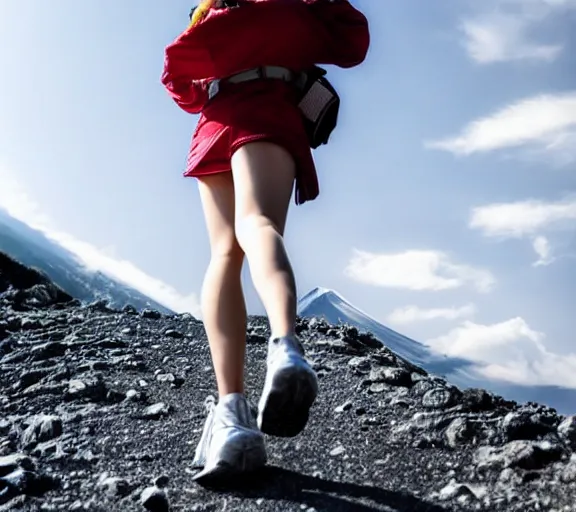 Prompt: beautiful silver hair young woman walking up Mount Fuji in the style of studio ghibli manga