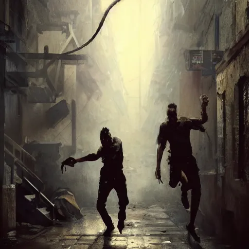 Image similar to original masterpiece artwork of 2 men strangling each other during a fight in an alleyway by greg rutkowski and strewzan, horror, crime, hyperrealistic, octane render, exciting pose, dynamic lighting