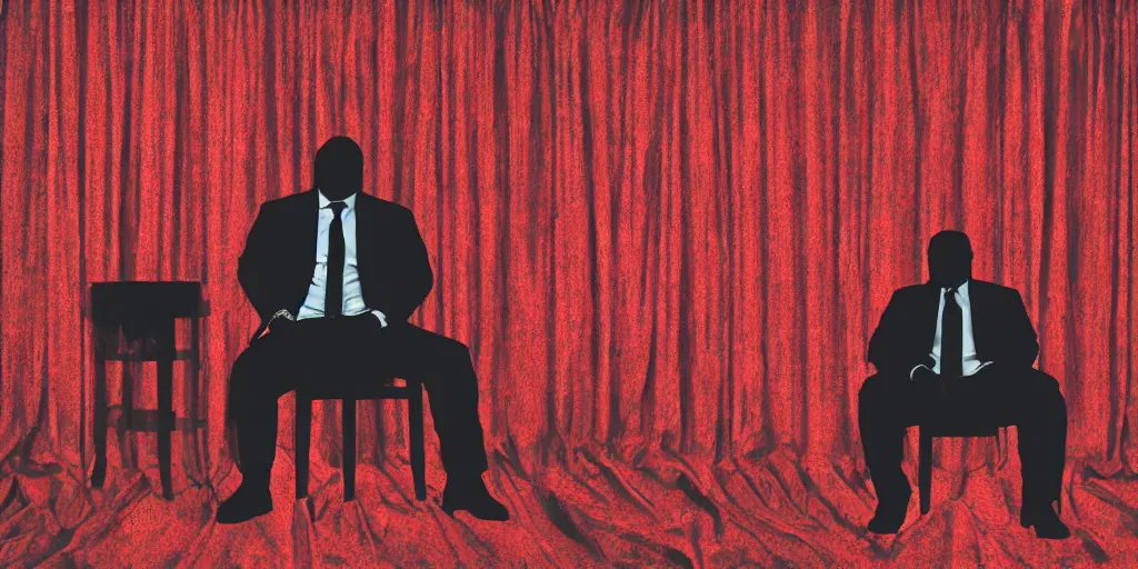 Image similar to photo style of shawn paul tan, portrait of silhouette of big black man sitting on throne, background made of big curtains