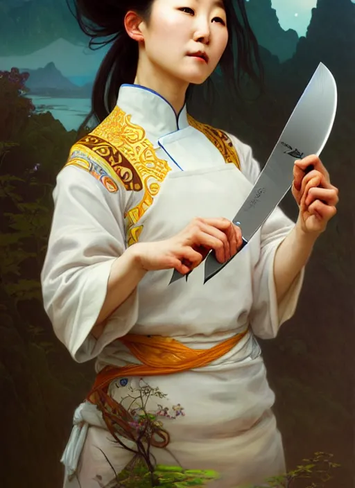 Image similar to stunning portrait of a south korean female chef holding magical kitchen knives, beautiful rivers of energy flowing in background, by peter mohrbacher and alphonse mucha and loish, 4 k, high resolution, intricate, hyperdetailed, photorealistic, artstation, smooth, sharp focus