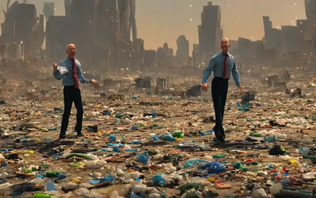 Image similar to a still from a disney animated film of jeff bezos dancing in a desolate wasteland, piles of trash scattered on the ground, city burning far in the background, 4 k