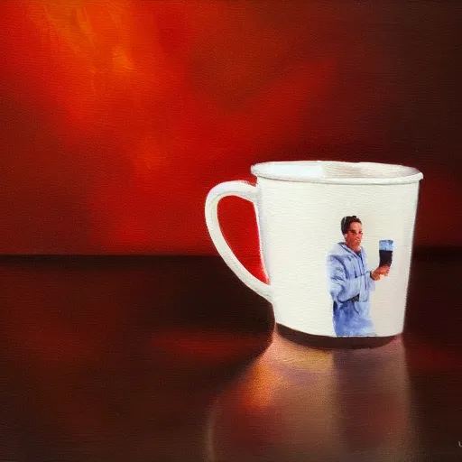 Prompt: coffee cup with an oil painting of jerry seinfeld, studio lighting, 4 k