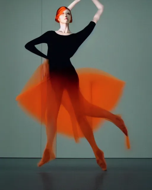 Prompt: expressively dancing on a bold James Turrell lit stage, a beguiling modern dancer dynamic Pantene gorgeous long luxurious hair flowing and flipping, high fashion photograph, isolated on vivid orangered, By Steven Meisel, by WLOP