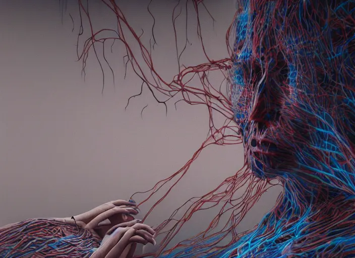 Image similar to rgb, woman, inspired by zdzislaw beksinski, new zealand landscape, clothes made out of veins,, cables everywhere, bedroom, ultra realistic, concept art, intricate details, highly detailed, photorealistic, octane render, 8 k