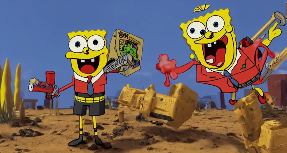 Prompt: spongebob as duke nukem, action movie poster, unreal engine, very detailed render