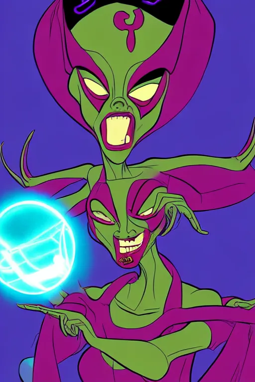 Image similar to queen toxique, an alien supervillainess with mutagenic powers, glowing energy effects, full color digital painting in the style of don bluth, jamie hewlett, artgerm, artstation trending, 8 0 s vibes