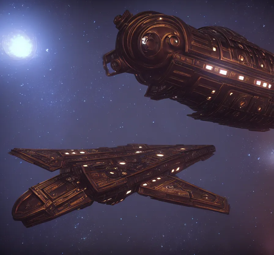 Image similar to symmetric steampunk space ship in dark space, unreal engine, digital