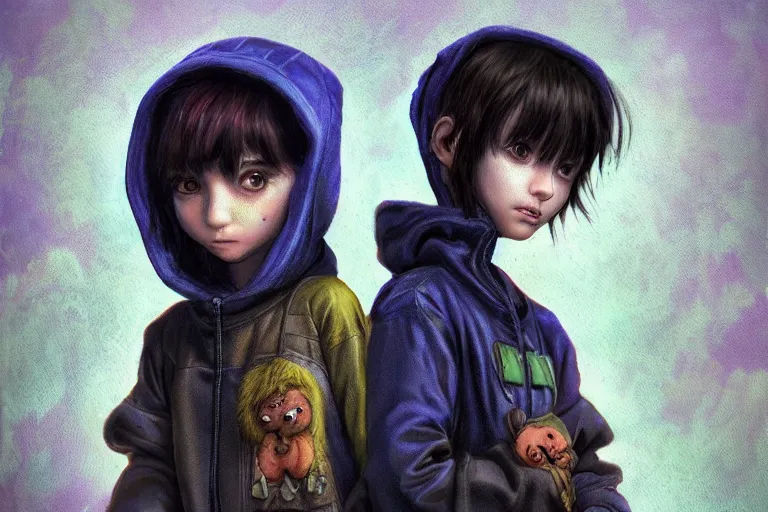 Image similar to an epic fantasy comic book style portrait painting of an extremely cute and adorable very beautiful cyberpunk lain ( serial experiments lain ) wearing a teddy bear hoodie in the rain, neon reflections, character design by mark ryden and pixar and hayao miyazaki, unreal 5, daz, hyperrealistic, octane render, cosplay, rpg portrait, dynamic lighting, intricate detail, cinematic