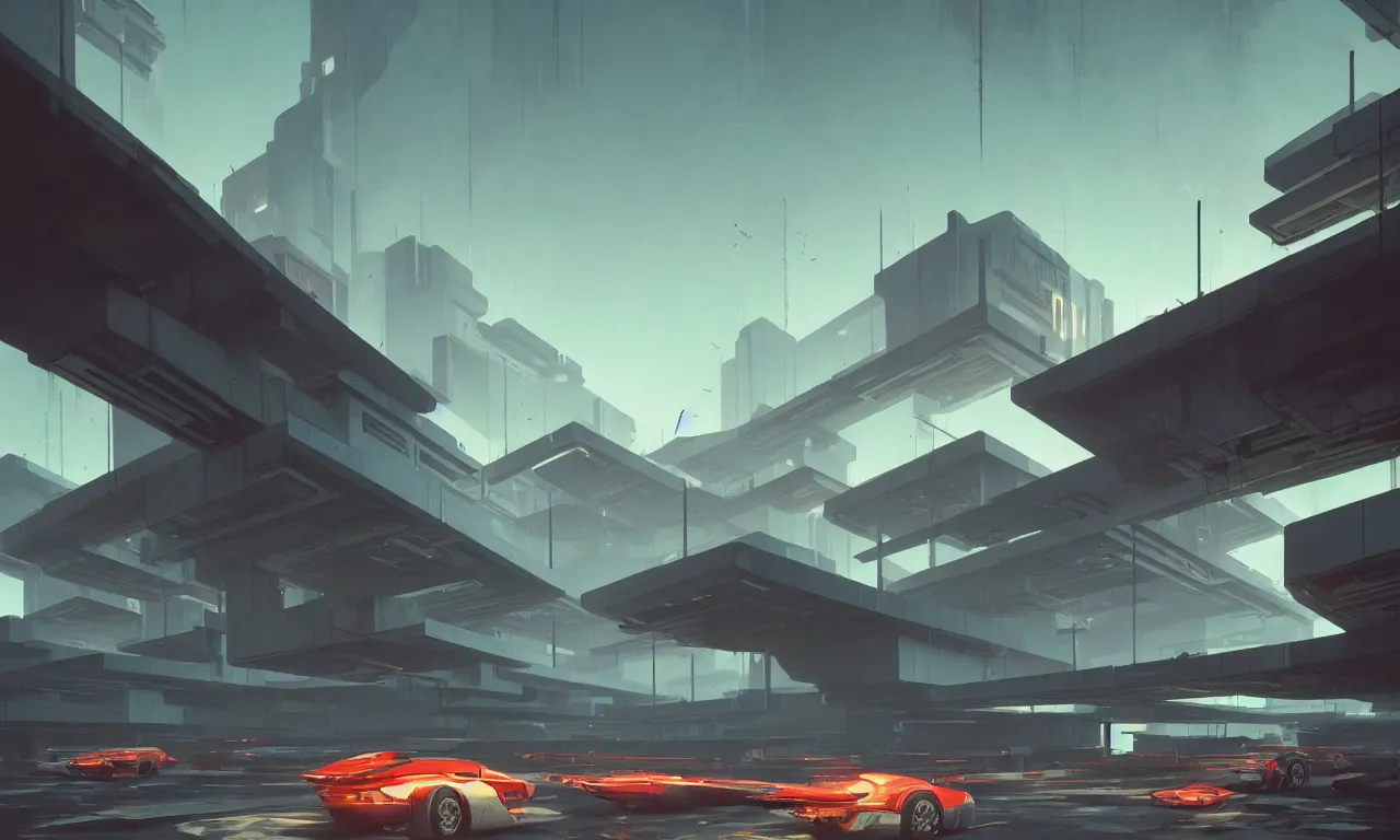 Image similar to simple brutalist architecture, colorful neon lighting, flying vehicles, greg rutkowski, syd mead, ralph mcquarrie, concept art, matte painting, highly detailed, rule of thirds, dynamic lighting, cinematic, detailed, denoised, centered