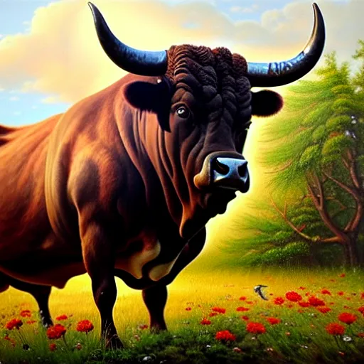 Prompt: beautiful oil painting depicting a scene with a bull who's skin completely covered by flowers and plants, fullbody shot, high details, trending on artstation