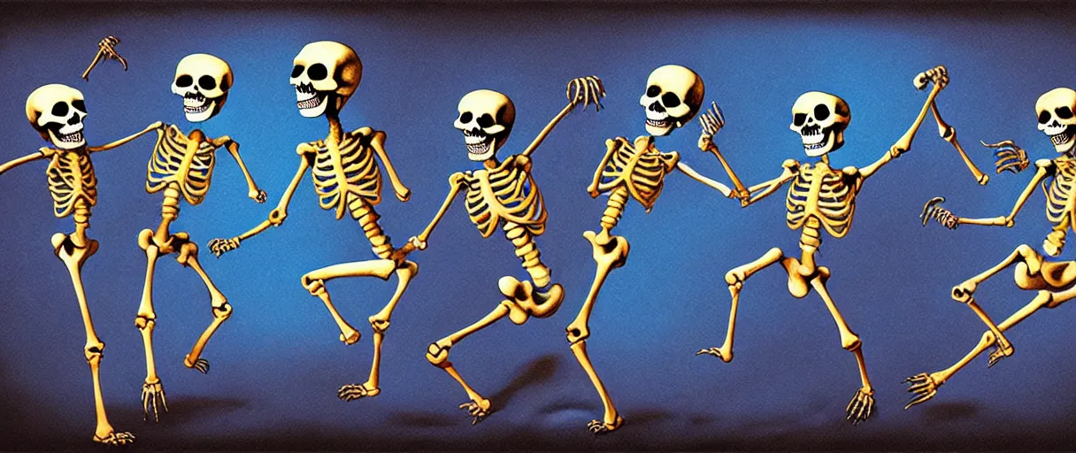 Prompt: hyperrealistic popart very cute milticolored medieval skeletons dancing jason limon digital painting dramatic blue lighting wide angle hd 8k sharp shallow depth of field