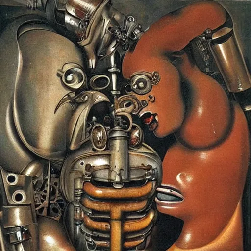 Image similar to Oil painting by Dali. Two mechanical trash gods with animal faces kissing. Oil painting by Hans Bellmer.