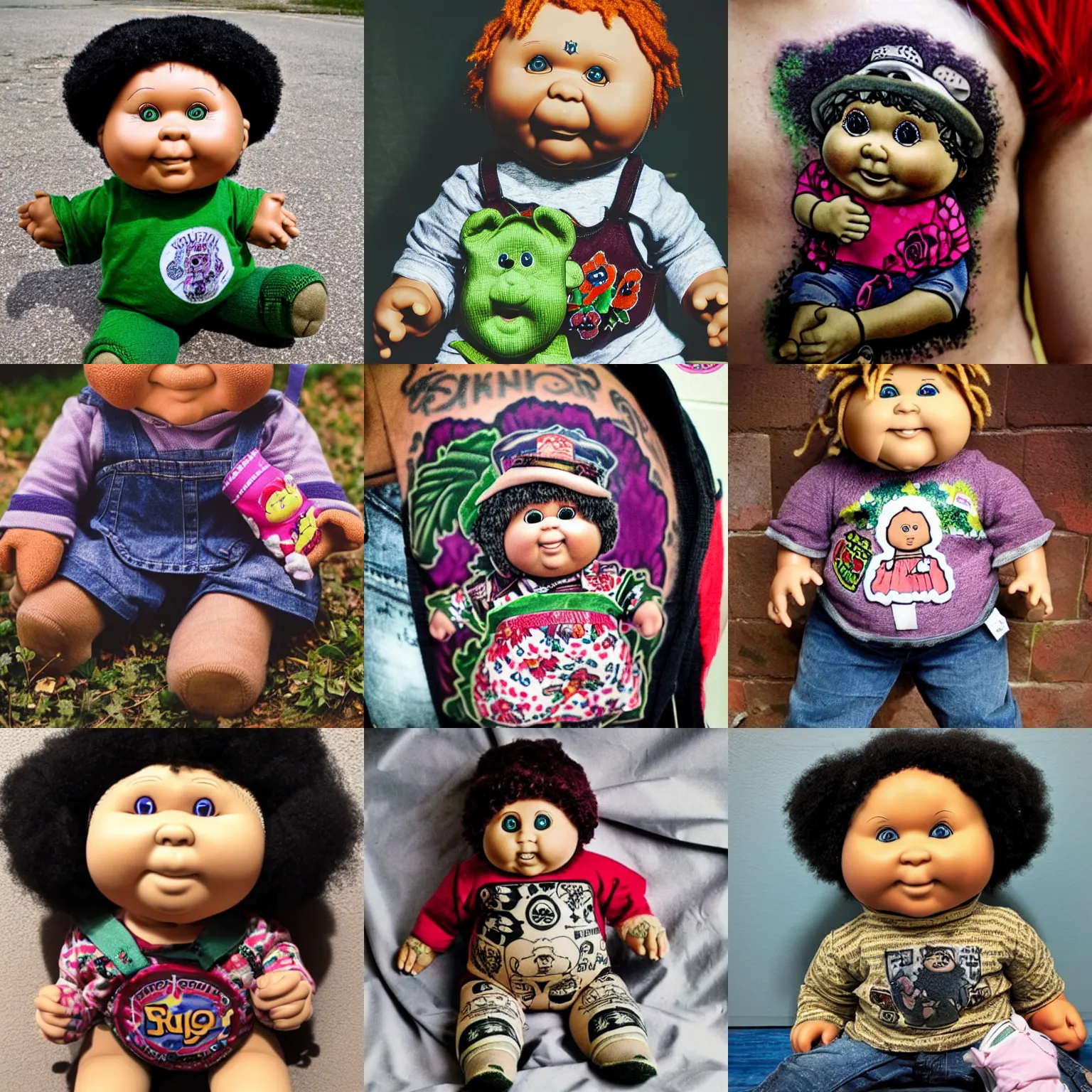 Prompt: photograph of a cabbage patch doll covered in russian gang tattoos
