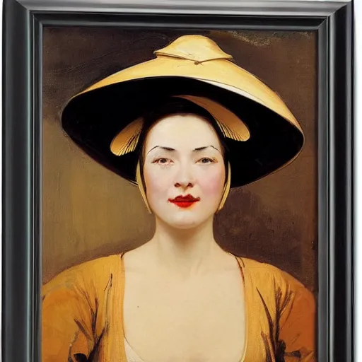 Image similar to frontal portrait of a woman wearing an asian conical hat, by j. c. leyendecker