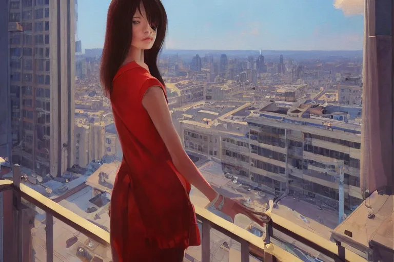 Image similar to A ultradetailed beautiful portrait panting of a stylish woman standing on a balcony overlooking the city, Oil painting, by Ilya Kuvshinov, Greg Rutkowski and Makoto Shinkai