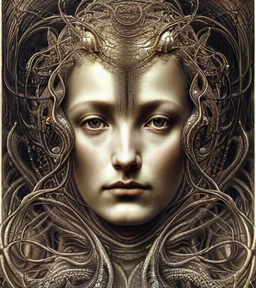 Image similar to detailed realistic beautiful metallic goddess face portrait by jean delville, gustave dore, iris van herpen and marco mazzoni, art forms of nature by ernst haeckel, art nouveau, symbolist, visionary, gothic, neo - gothic, pre - raphaelite, fractal lace, intricate alien botanicals, biodiversity, surreality, hyperdetailed ultrasharp octane render