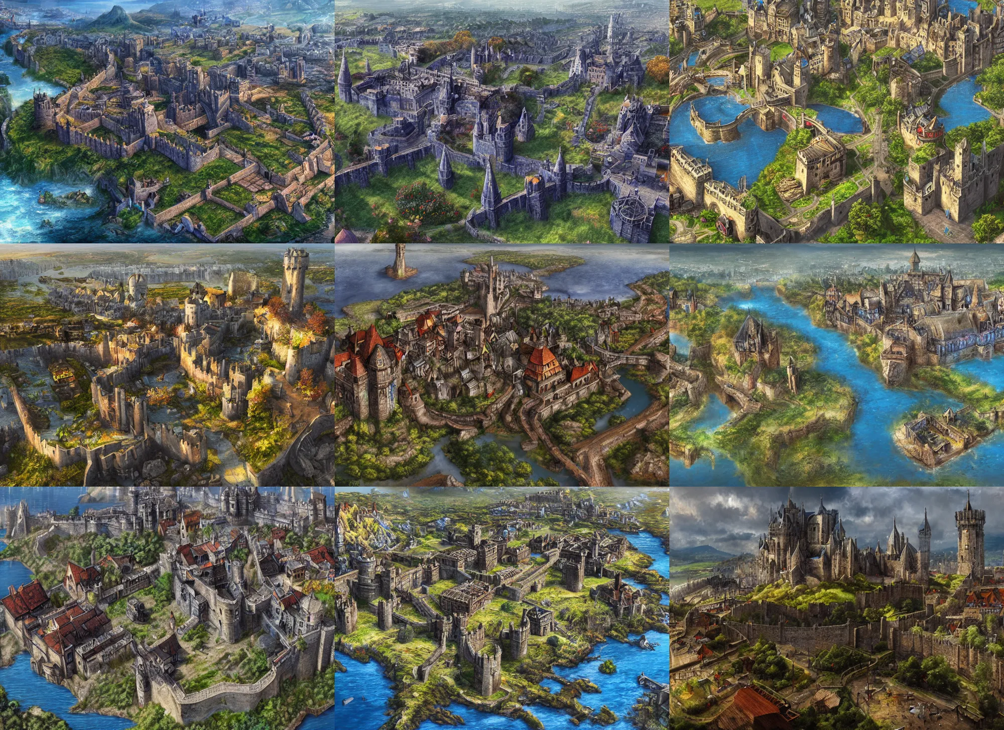 Prompt: landscape of a medieval fantasy city dominated by a grand blue stone fortress, river island, vivid, realistic, 4k, Artstation