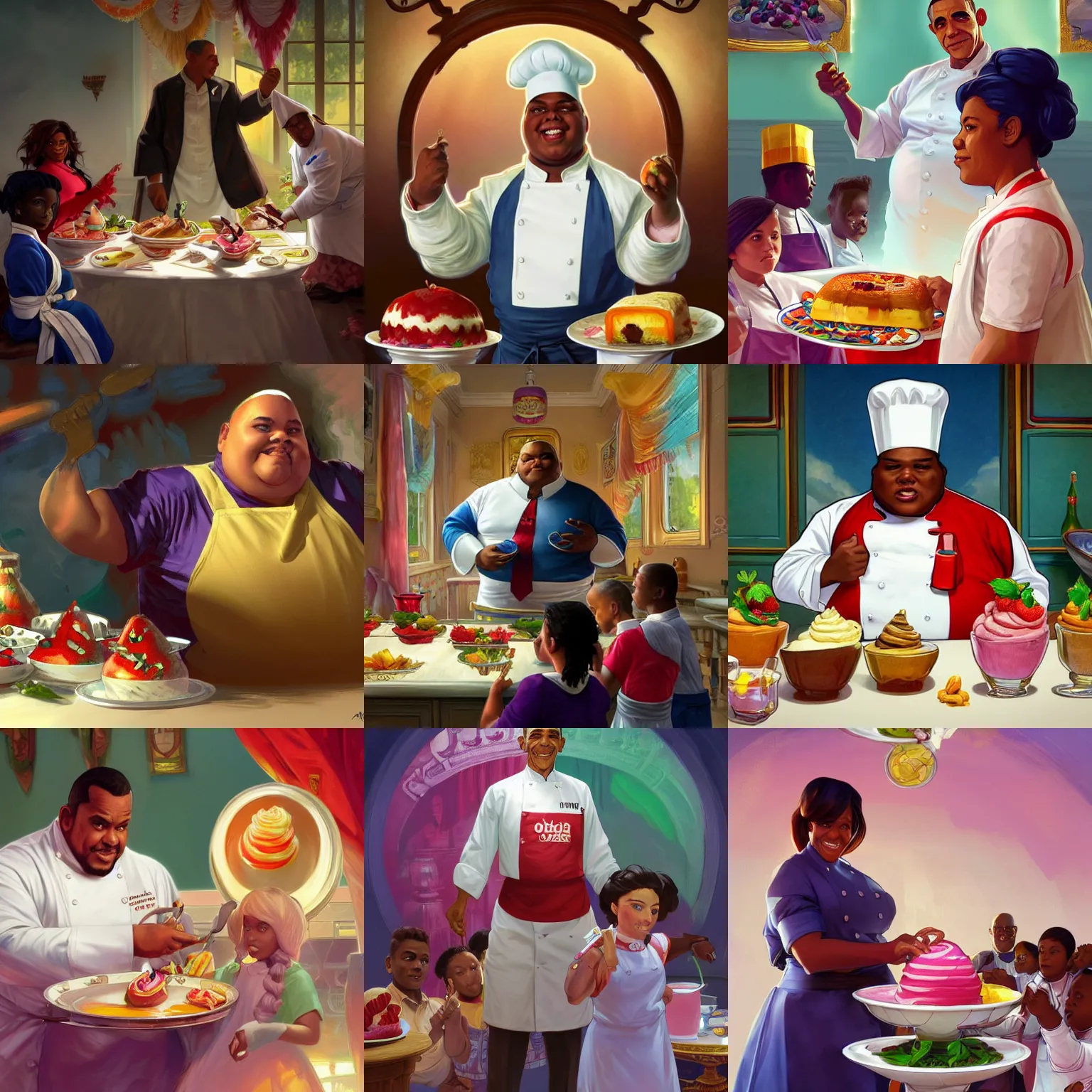 Prompt: Michel Obama as an Obese chef serving colorful desserts to kids in the Oval room, highly detailed, digital painting, artstation, concept art, sharp focus, illustration, art by artgerm and greg rutkowski and alphonse mucha