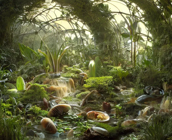 Image similar to simplicity, transparent clear see - through image of mollusks, lush botany, orchids, ferns, garden environment, ultra realistic, concept art, art nouveau, photorealistic, octane render, 8 k, unreal engine. art by gustave dore and nori inoguchi and sam kaplan and zachary goulko and christopher marley and artgerm and alphonse mucha