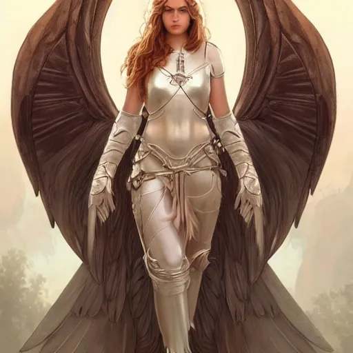 Image similar to portrait of young aasimar angel girl maiden wearing comfy leather armor with beautiful feathered angel wings, Alison Williams, innocent, intricate, elegant, highly detailed, digital painting, artstation, concept art, smooth, sharp focus, illustration, art by artgerm and greg rutkowski and alphonse mucha