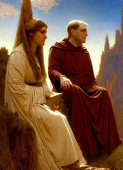 Image similar to dante and beatrice speak to the teachers of wisdom thomas aquinas from dante's divine comedy. highly detailed painting by gaston bussiere, craig mullins, j. c. leyendecker 8 k