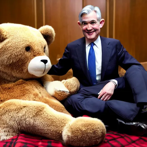Prompt: Jerome Powell snuggling a bear