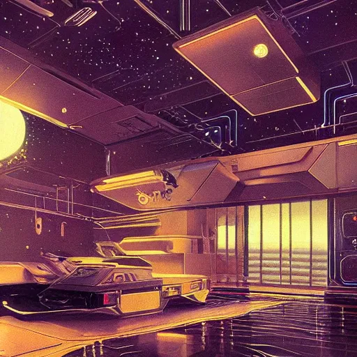 Prompt: detailed painting of bladerunner interior room with celestial ornaments, artstation, syd mead, cinematic