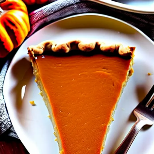 Prompt: pumpkin pie slice on a plate