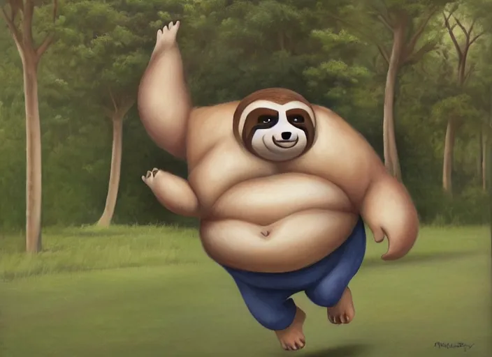 Prompt: anthro fat sloth going for a run in the park, wearing running sneakers and a muscle tee - shirt, dynamic active running pose, an ultrafine detailed painting by mark ryden, trending on deviantart, pop surrealism, whimsical, lowbrow, grotesque