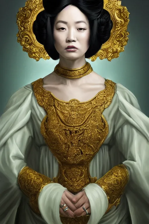Image similar to a beautiful empress portrait, with a brilliant, impossible striking big hairstyle black hair, clothes white robes, everything hair, symmetrical, dramatic studio lighting, rococo, baroque, greens, asian, hyperrealism, closeup, D&D, fantasy, intricate, elegant, highly detailed, digital painting, artstation, octane render, 8k, concept art, matte, sharp focus, illustration, art by Artgerm and Greg Rutkowski and Alphonse Mucha