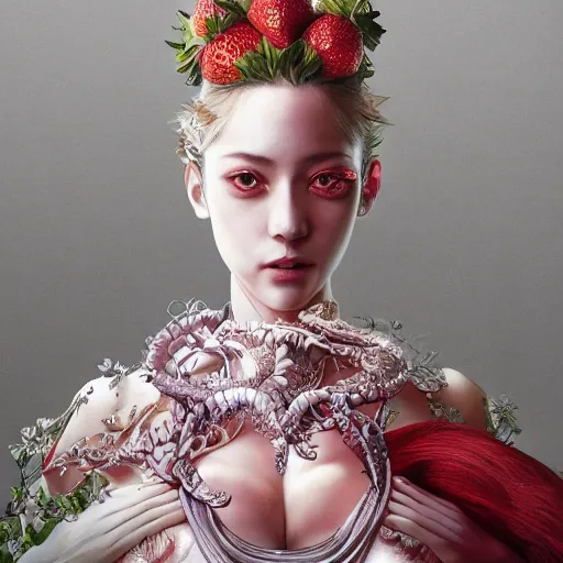 Image similar to the portrait of an absurdly beautiful, graceful, elegant, sophisticated, fashionable young gravure idol made of strawberries and white petals, an ultrafine hyperdetailed illustration by kim jung gi, irakli nadar, intricate linework, bright colors, octopath traveler, final fantasy, unreal engine 5 highly rendered, global illumination, radiant light, detailed and intricate environment