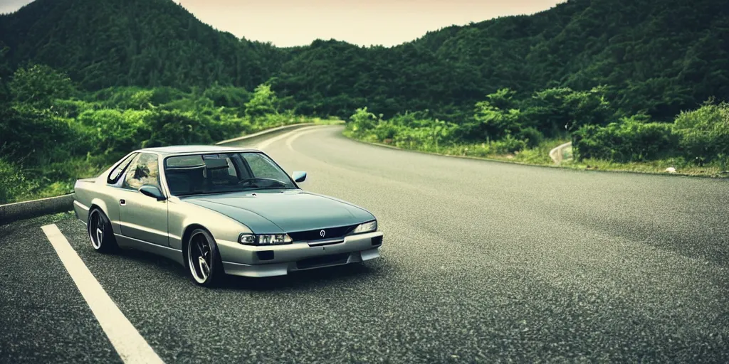 Prompt: Beautiful Photograph of a Nissan Silvia on a road in Japanese countryside, Night