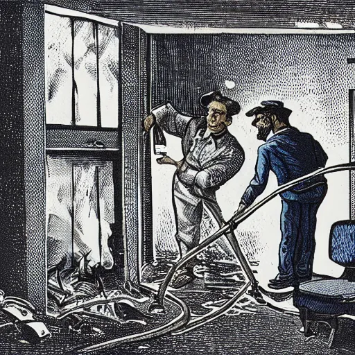 Image similar to Luddites set the server room on fire, lithograph