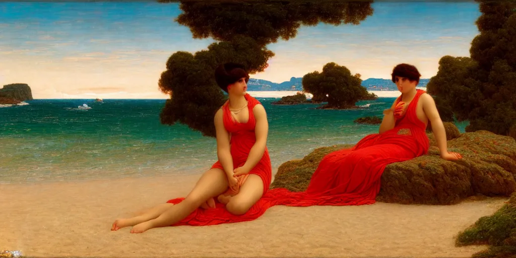 Image similar to woman on the beach ， 4 k resolution, ultra wide angle, by john william godward