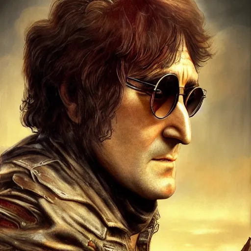 Image similar to john lennon as a mad max villain, ultra realistic, concept art, intricate details, highly detailed, photorealistic, octane render, 8 k, unreal engine, art by frank frazetta, simon bisley, brom