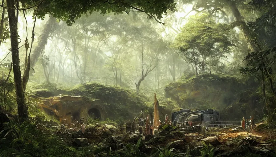 Image similar to a beautiful painting of an archaeological excavation of the battlestar galactia in a lush jungle, ray traced lighting by kalin popov and greg rutkowski