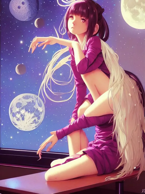 Image similar to full body picture of a space girl sitting in the moon cafe, bored, coveted, beautiful and aesthetic, intricate, unreal engine, messy hair, highly detailed, detailed face, smooth, sharp focus, chiaroscuro, manga illustration, artgerm, greg rutkowski, ilya kuvshinov, rossdraws, alphonse mucha, young adult light novel cover art