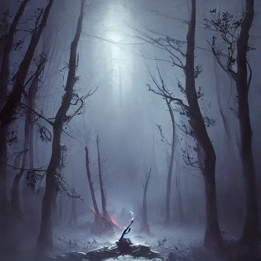 Prompt: ''cinematic shot'' dark hooded mage using his magic to create zombies in the dead forest with leaves falling simetrical 8 k atmosferic realistic made by ivan aivazovsky, peter mohrbacher, greg rutkowski volumetric light effect broad light oil painting painting fantasy art style sci - fi art style realism premium prints available artwork unreal engine