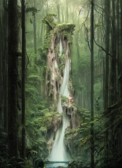 Image similar to a hyper realistic architectural witch shrine under a waterfall in the woods, gorgeous lighting, lush forest foliage, painting by chiara bautista and tom bagshaw, muca beksinski and norman rockwell and greg rutkowski weta studio, and lucasfilm