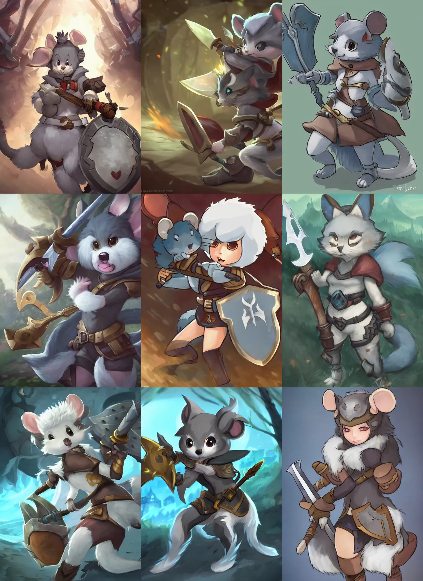 Prompt: a cute gray cute mouse guard girl furry with a sword and shield, league of legends splash art