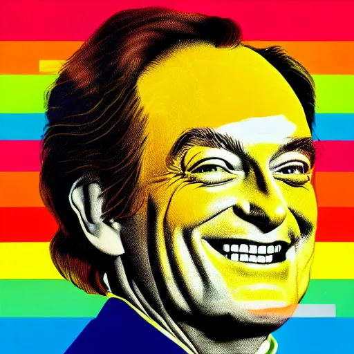 Image similar to rainbow smiling happy richard feynman. pop art.