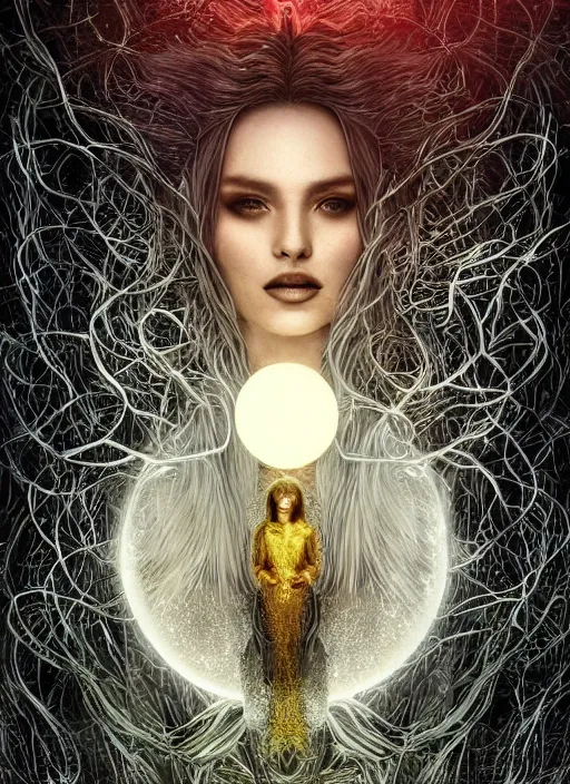 Image similar to glowing silver and golden elements, full close-up portrait, A beautiful dark witch in front of the full big moon, book cover, colorful gems, green forest, red white black colors, establishing shot, extremly high detail, foto realistic, cinematic lighting, pen and ink, intricate line drawings, by Yoshitaka Amano, Ruan Jia, Kentaro Miura, Artgerm, post processed, concept art, artstation, matte painting, style by eddie, raphael lacoste, alex ross