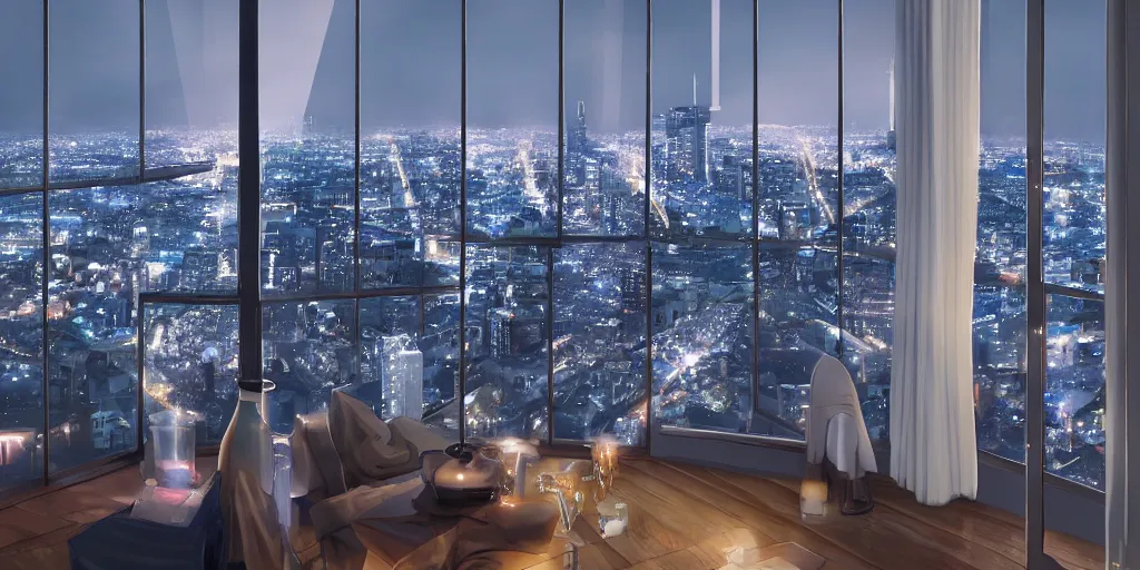 Prompt: night view of the city through a penthouse window, award - winning anime digital art