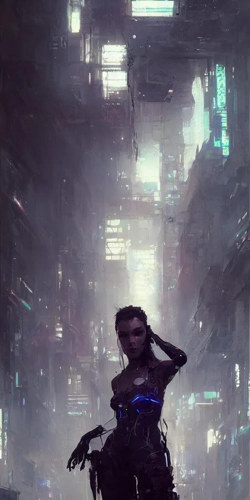 Image similar to female cyberpunk, beautiful face, rule of thirds, intricate outfit, spotlight, by greg rutkowski, by jeremy mann, digital painting