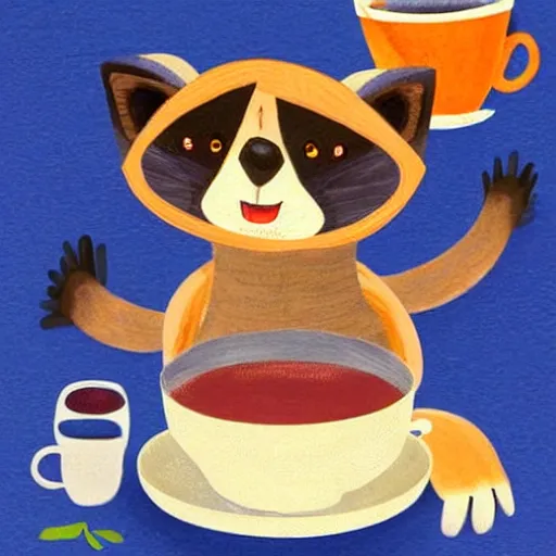 Image similar to raccoon with cup of tea by cozy fireplace, childrens book illustration, in the style of eric carle,