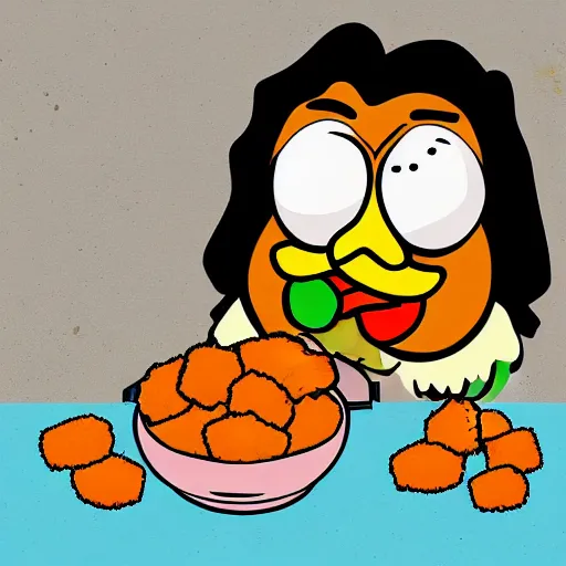 Prompt: digital art of a Chicken eating chicken nuggets as it food