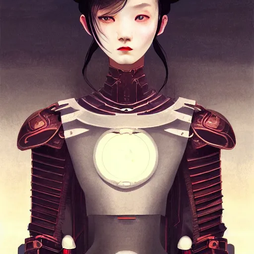 Image similar to portrait girl with armor in style of ghost blade by hsiao ron cheng, tetsuya ichida, tsutomu nihei, moebius, exquisite detail, extremely moody lighting, 8 k, art nouveau, old chines painting,