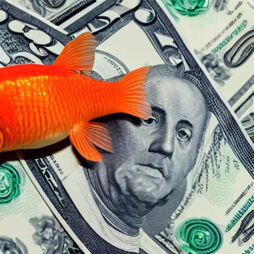 Prompt: a goldfish eating money high def 8 k